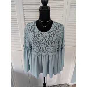 Karen Kane Lace Top Women's M Aqua Long Sleeve Boho Blouse Fairy Goth Peasant